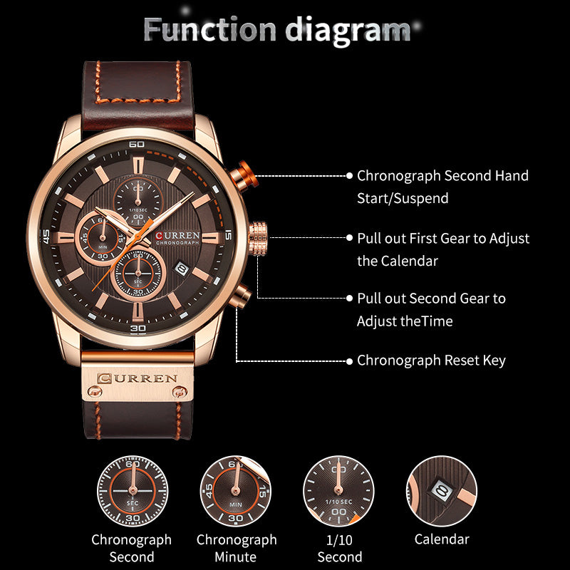 Curren 8291 Men's Luxury Quartz Chronograph Leather Strap Watch