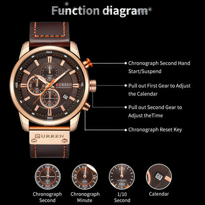 Curren 8291 Men's Luxury Quartz Chronograph Leather Strap Watch