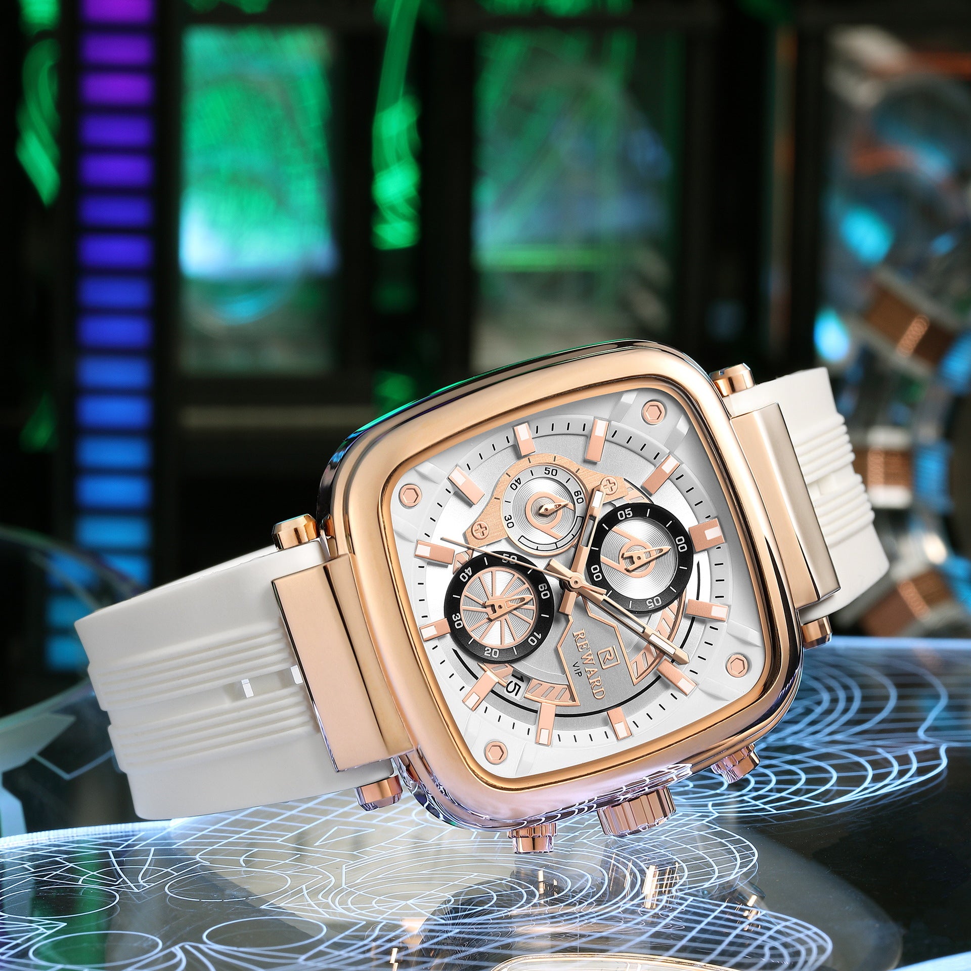 Reward 831509 Men's Luxury Square Chronograph Silicone Strap Watch